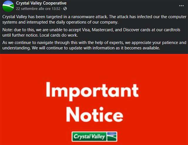 Il messaggio di Crystal Valley Cooperative sull'attacco ransomware