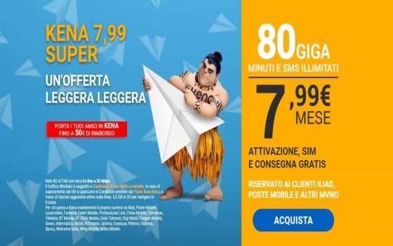 Kena Mobile, offerta bomba con 80 Giga a 7,99 Euro: 50 Euro di rimborso se porti amici!