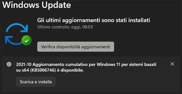 L'aggiornamento KB5006746 per Windows 11