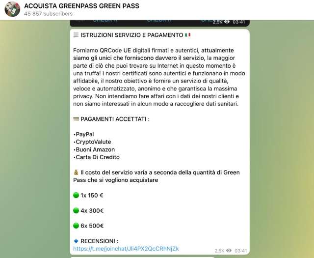 Green Pass falsi su Telegram