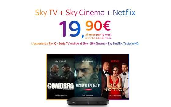 Sky TV + Sky Cinema + Netflix in PROMO a 19,90€