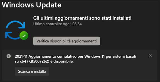 Windows 11: l'aggiornamento KB5007262