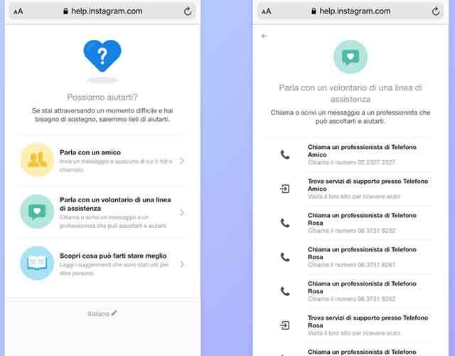 Le risorse per cercare aiuto tramite Instagram