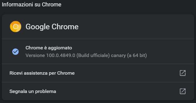 La versione 100 del browser Chrome Canary