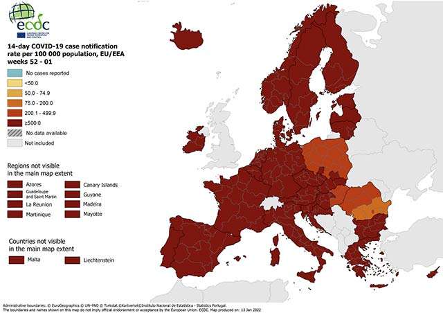 La mappa disegnata dal Centro Europeo per la Prevenzione e il Controllo delle Malattie in relazione ai casi di COVID-19 in tutto il continente