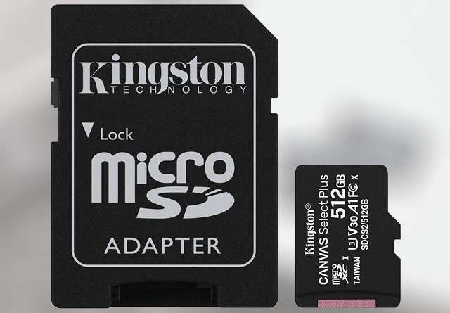 La scheda microSD da 512 GB della serie Kingston Canvas Select Plus e l'adattatore SD