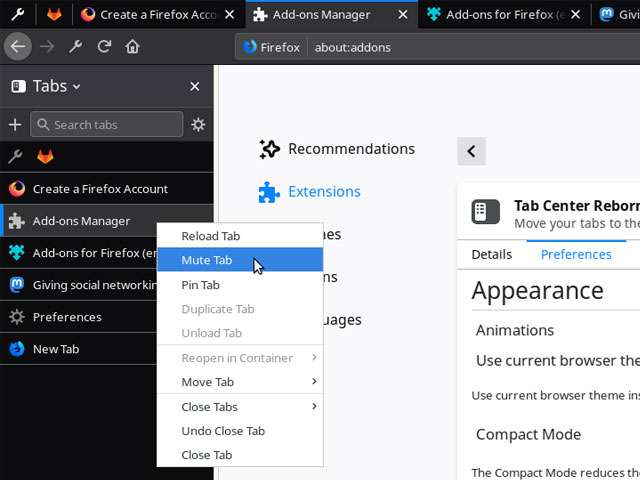 L'estensione Tab Center Reborn per Firefox