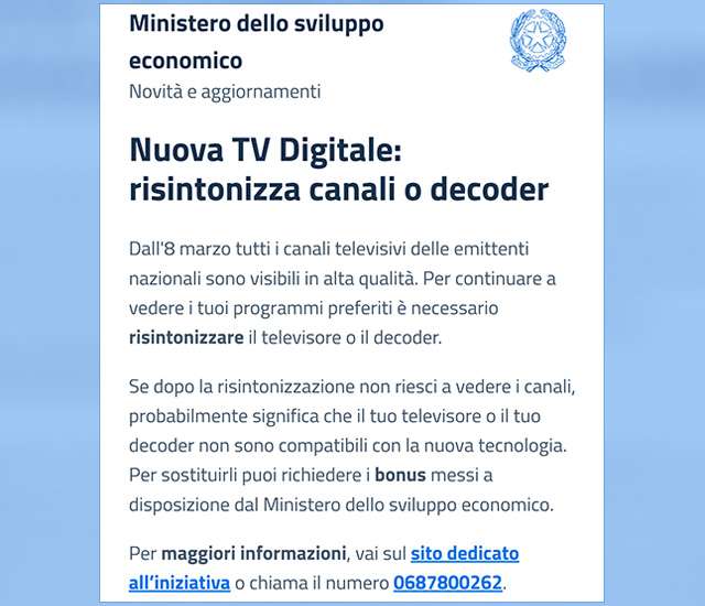 Il messaggio del Ministero in IO a proposito della Nuova TV Digitale
