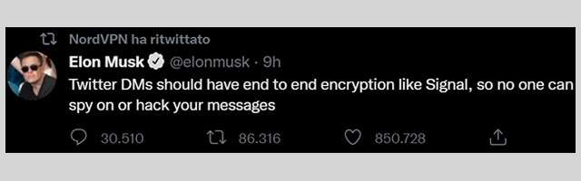 Il post di Elon Musk su Twitter condiviso dal profilo ufficiale di NordVPN