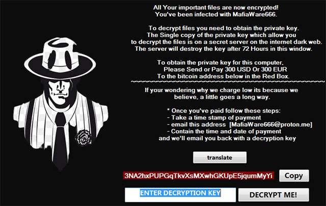 Il messaggio mostrato dal ransomware MafiaWare666 (una variante di Hades) in seguito all'infezione