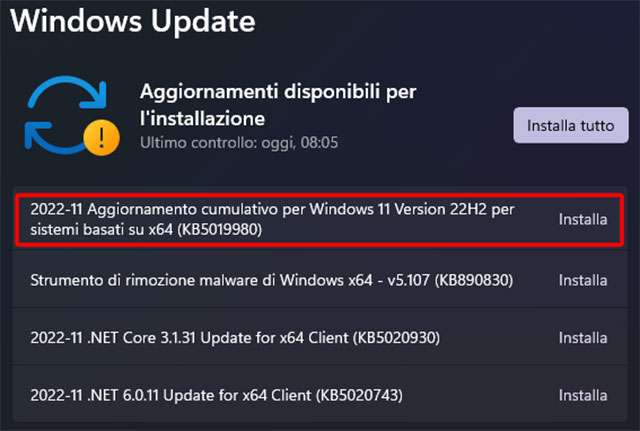 Windows 11: il Patch Tuesday di novembre 2022