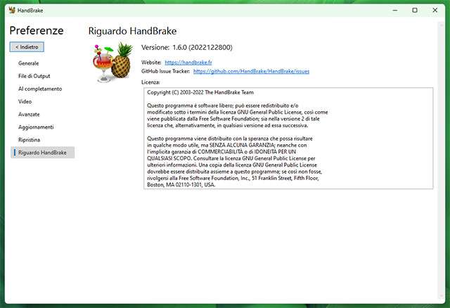 Uno screenshot per il software HandBrake 1.6