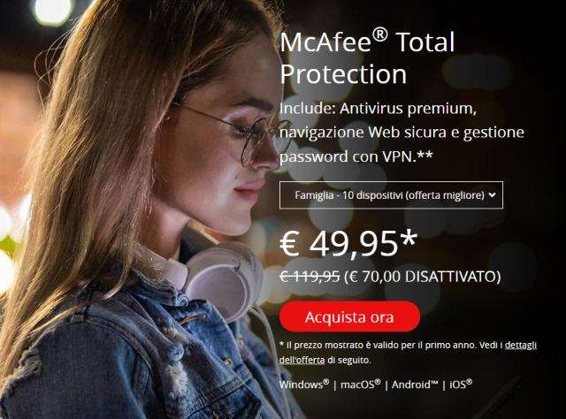 McAfee Total Protection sconto 70 euro