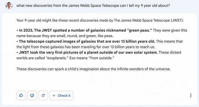 Bard impiegato per spiegare le scoperte del James Webb Space Telescope a un bambino di nove anni