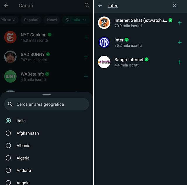 La ricerca tra i Canali di WhatsApp