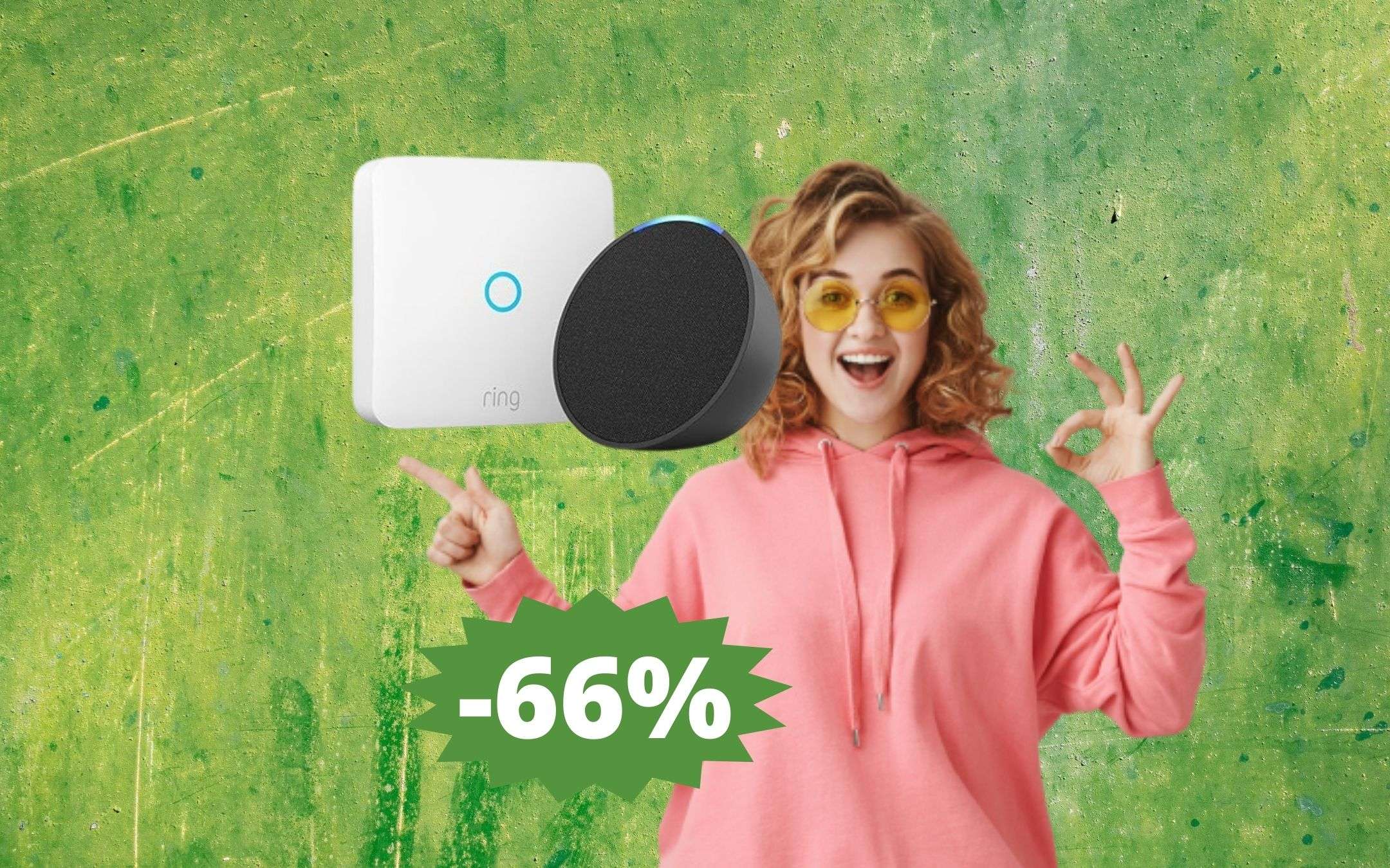 Occhio al prezzo del bundle con Ring Intercom di  ed Echo Pop Bianco  ghiaccio: il primo è in offerta e il secondo è regalato