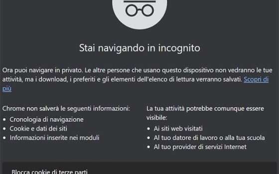 L'avviso mostrato dal browser attivando la modalità Incognito di Google Chrome