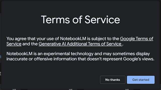 Al primo accesso, NotebookLM mostra un avviso relativo ai termini di servizio