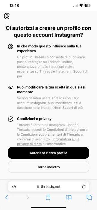 profilo account instagram autorizzazione threads