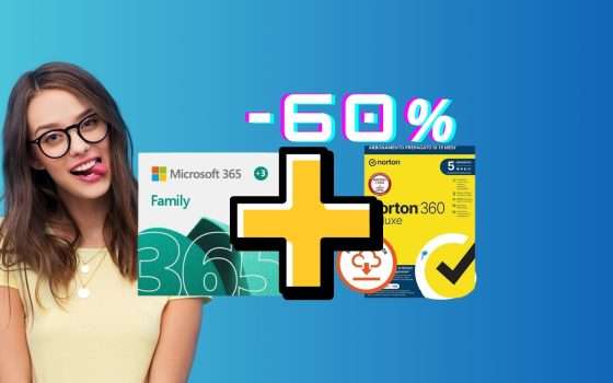 Microsoft 365 Family + Norton 360 Deluxe: 15 mesi a -60%