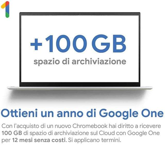 Con l'acquisto di HP Chromebook 14a si ha diritto a 100 GB di spazio sul cloud di Google One, gratis per un anno