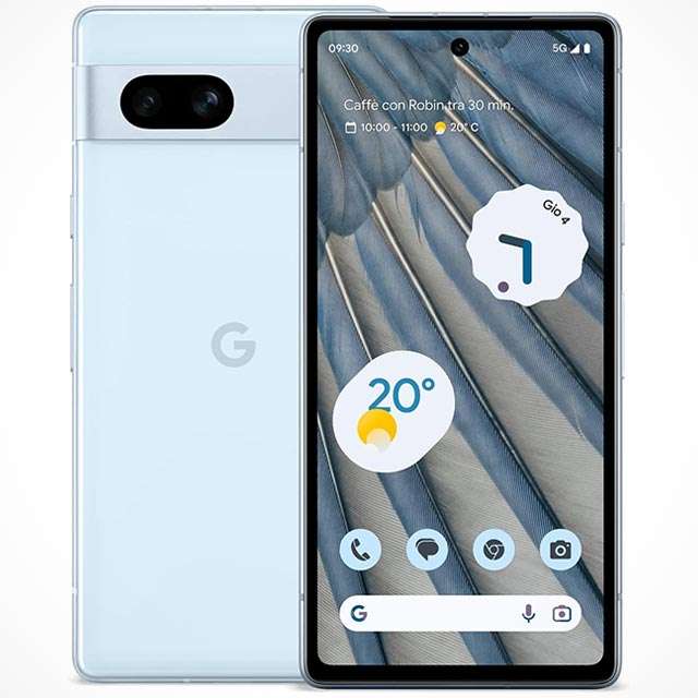 Lo smartphone Pixel 7a di Google nella colorazione Celeste