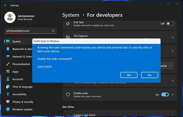 Uno screenshot che testimonia l'arrivo del supporto nativo al comando Sudo per Windows 11