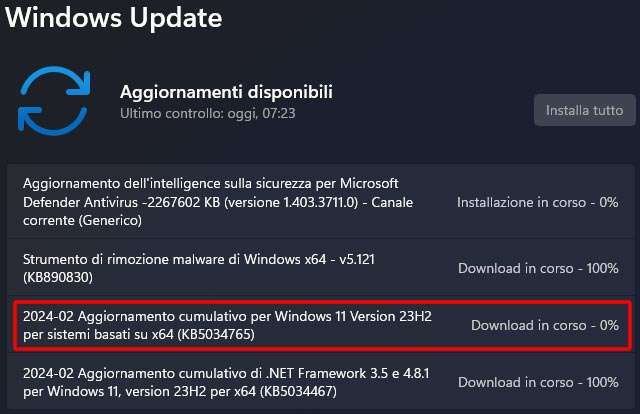 L'aggiornamento KB5034765 per Windows 11 (23H2 e 22H2)