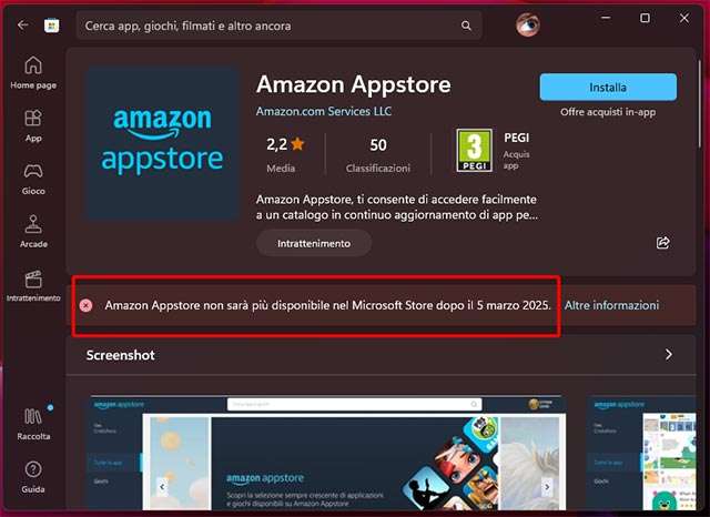 Un messaggio su Microsoft Store avvisa dell'interruzione per il supporto ad Amazon Appstore fissata per il 5 marzo 2025