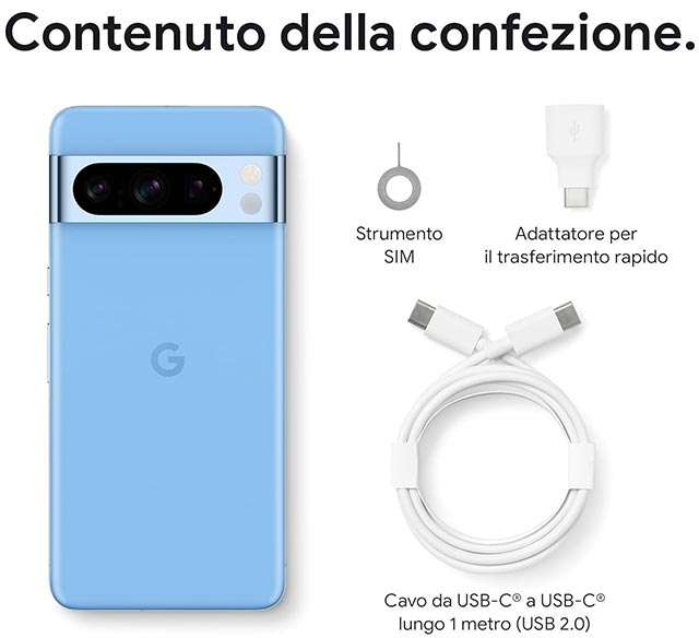Lo smartphone Pixel 8 Pro di Google nella colorazione Azzurro cielo: il contenuto della confezione