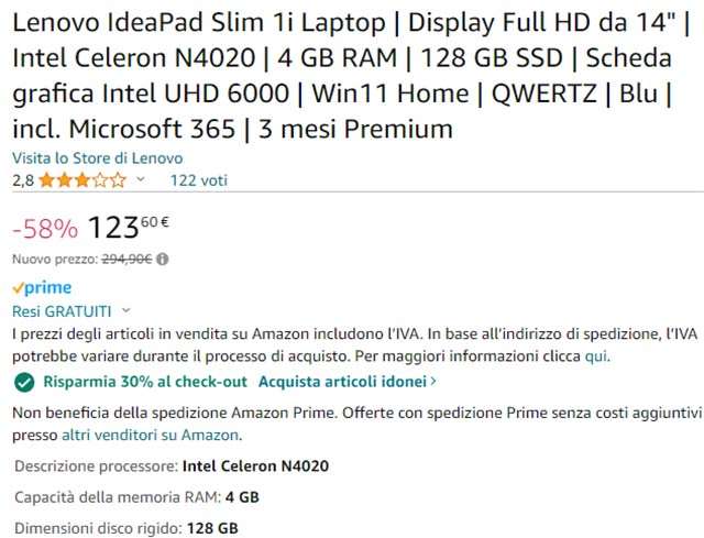 La promozione sul notebook Lenovo IdeaPad Slim 1i