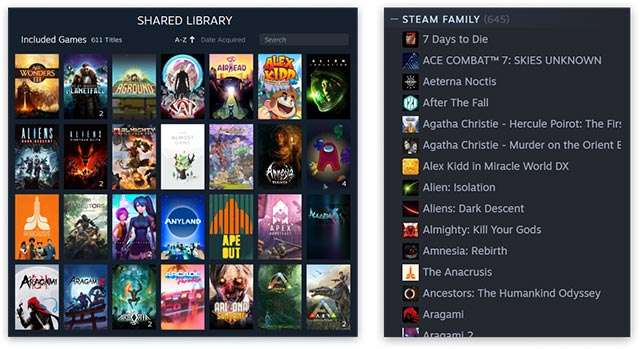 La libreria di giochi condivisa con Steam Family