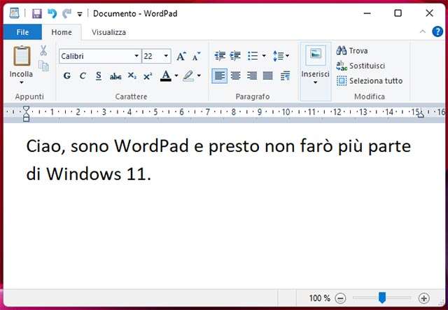 L'interfaccia di WordPad su Windows 11