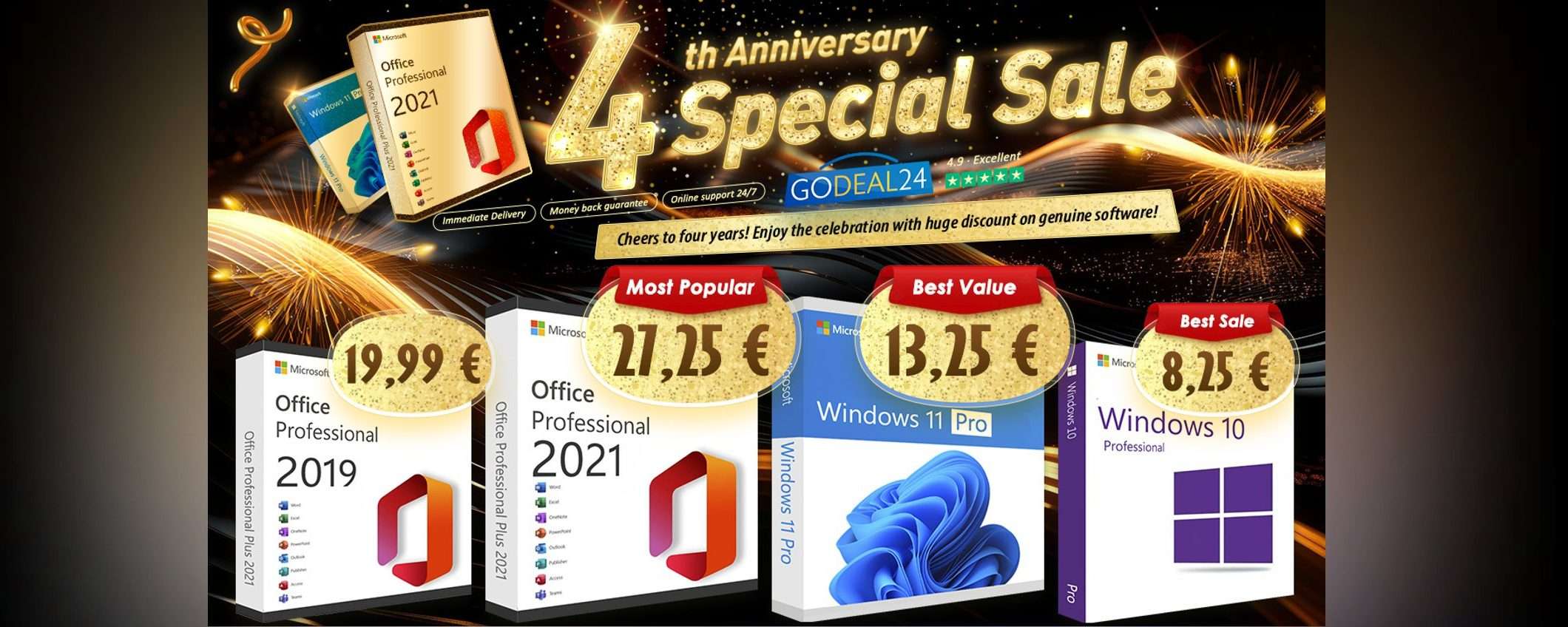 Godeal24, sconti per il 4° anniversario: Office e Windows con sconti fino al 90%