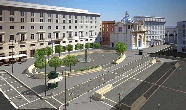 La fontana progettata dall'architetto Paolo Portoghesi per piazza San Silvestro a Roma