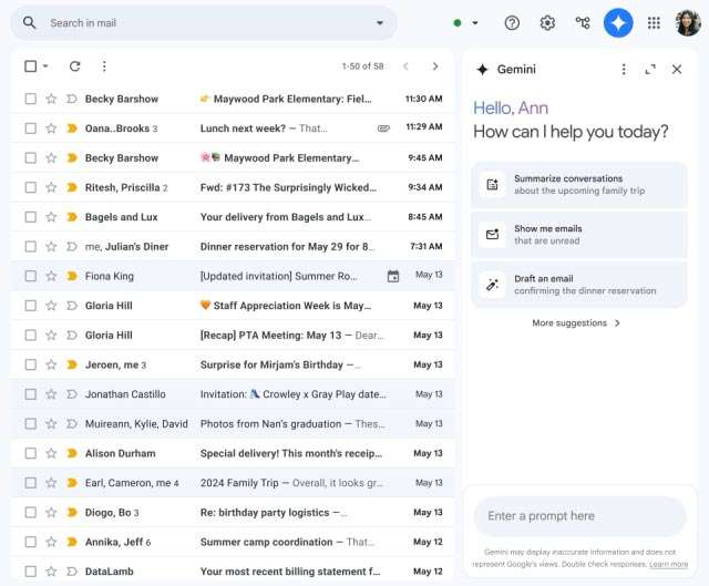 Gemini nel pannello laterale di Gmail (Workspace)