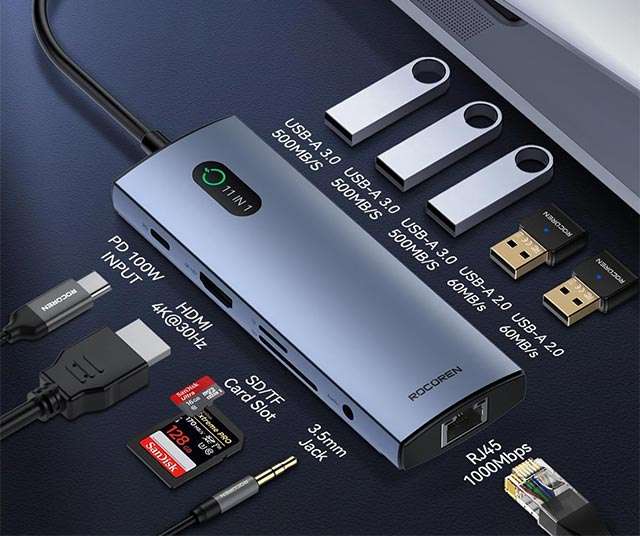 Tutte le porte presenti sullo hub USB 11-in-1 di Rocoren