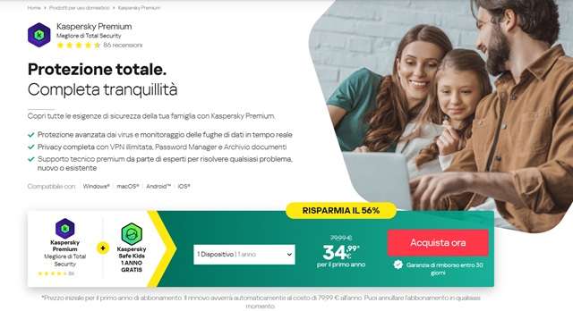 kaspersky premium sconto 56 per cento