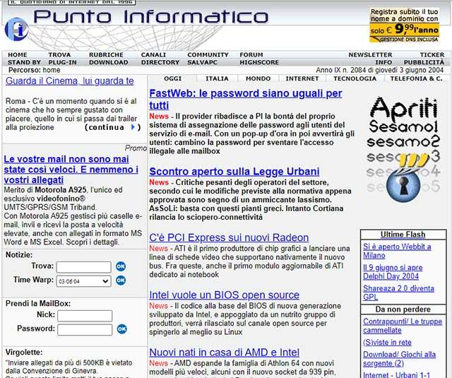 La homepage di Punto Informatico nel giugno 2004