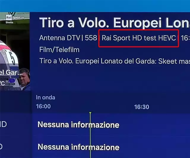 Il canale 558 di Rai Sport HD per il test del formato HEVC (DVB-T2)