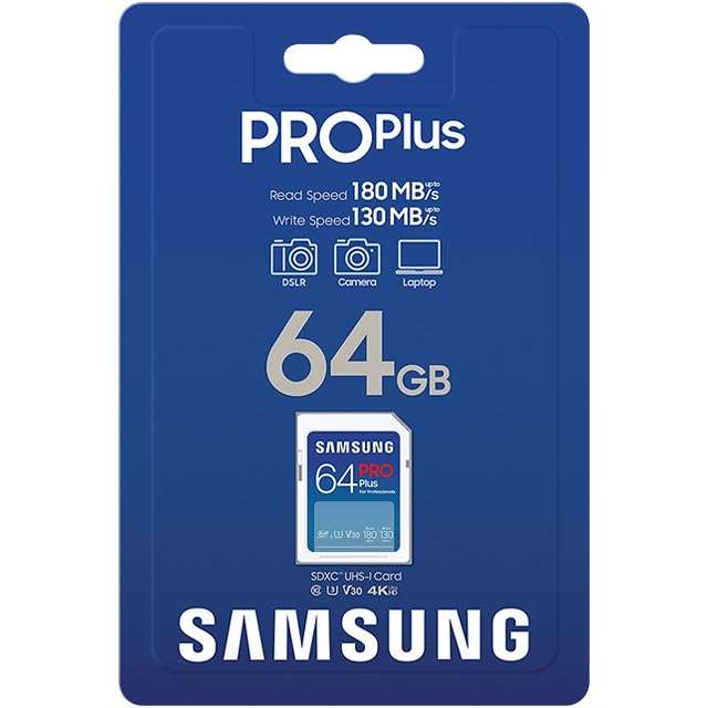 La confezione della scheda SD da 64 GB della gamma Samsung PRO Plus