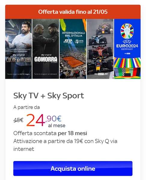 sky tv e sky sport a 24,90 euro al mese