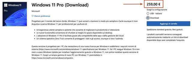 Windows 11 Pro, prezzo ufficiale