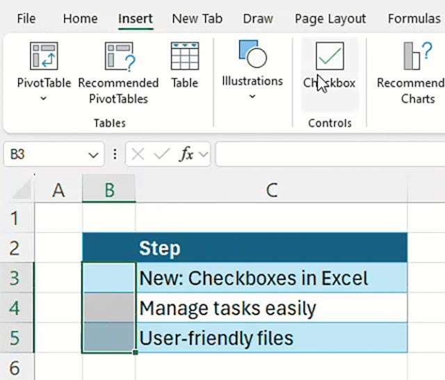 Il pulsante per aggiungere i checkbox su Excel