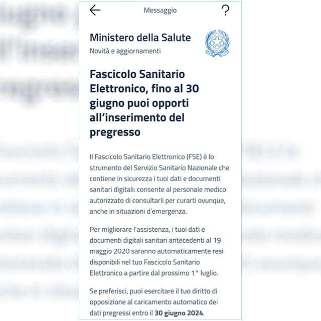 L'avviso relativo all'opposizione al pregresso del Fascicolo Sanitario Elettronico mostrato dall'applicazione IO