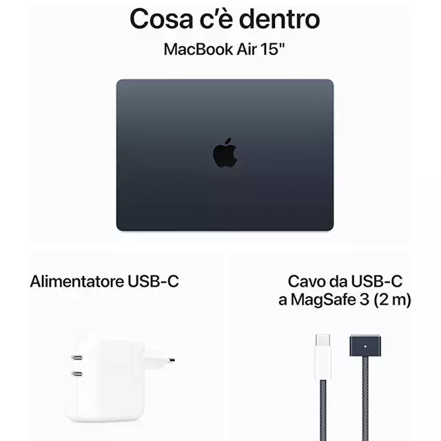 Il contenuto della confezione per il nuovo MacBook Air da 15 pollici con chip Apple M3