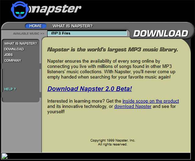 Il sito ufficiale di Napster nel novembre 1999