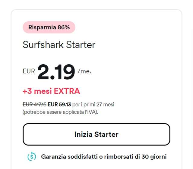 surfshark vpn 2,19 euro al mese