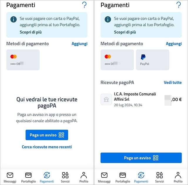 App IO: screenshot per la nuova sezione Pagamenti