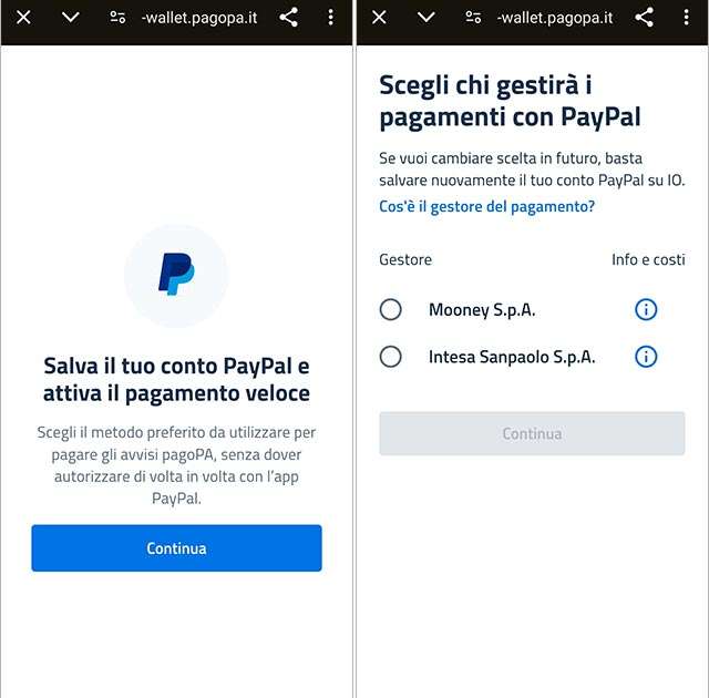 La configurazione del pagamento veloce con PayPal nell'app IO